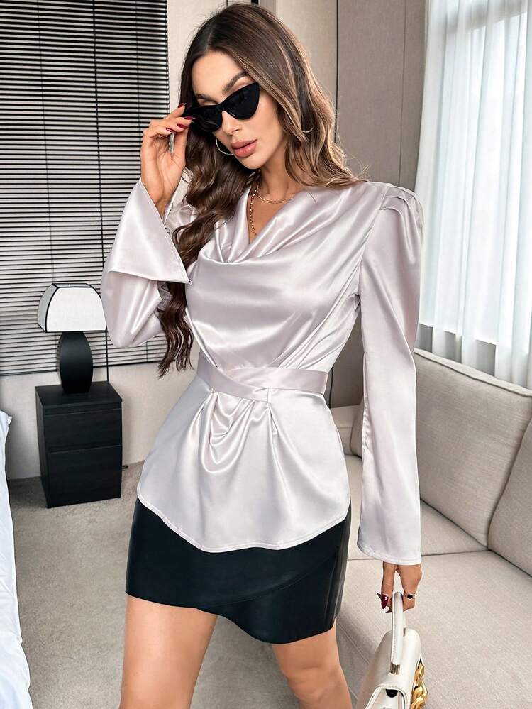 Draped Collar Flounce Sleeve Satin Blouse