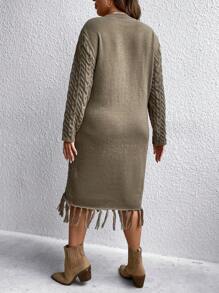 SHEIN LUNE Plus Cable Knit Fringe Hem Drop Shoulder Sweater Dress Fall Winter Cloth For Women Autumn - Olive Green - View 2