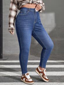 SHEIN EZwear 大碼素色拉鏈門襟緊身牛仔褲