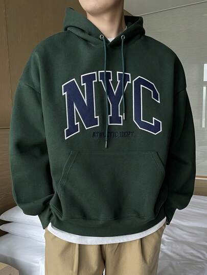 DAZY 1pc Men Letter Embroidery Pocket Drop Shoulder Drawstring Hoodie Fall