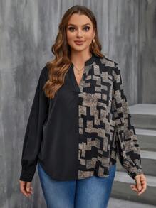 SHEIN LUNE Plus Size Women's Patchwork Printed Shirt With V-neckline - Multicolor - View 1