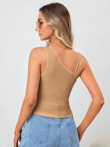 SHEIN Essnce 素色不對稱領不規則肩背帶肩帶領上衣 - 卡其色 - 查看 2