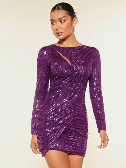 SHEIN BAE Purple Pleated Glitter Women'S Dress Perfect For Fancy Party Outfit