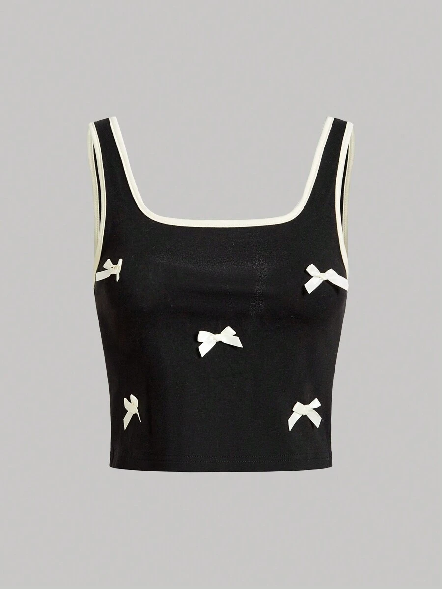 SHEIN MOD Bow Front Contrast Binding Tank Top - Black - View 1