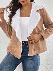 SHEIN LUNE 西裝領雙排釦毛絨內襯燈芯絨大衣 - 杏色 - 查看 4