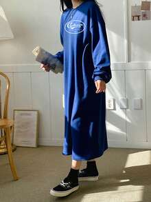 DAZY 字母圖案落肩T恤連衣裙 - 藍色 - 查看 2