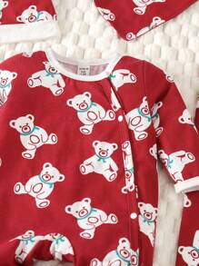 SHEIN 女嬰卡通圖案連身背心&帽&圍兜&毯子適用於聖誕 - 紅色 - 查看 3