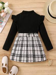 SHEIN 女小童格紋印花荷葉邊小高領T恤和格紋印花半身裙 - 黑與白 - 查看 2