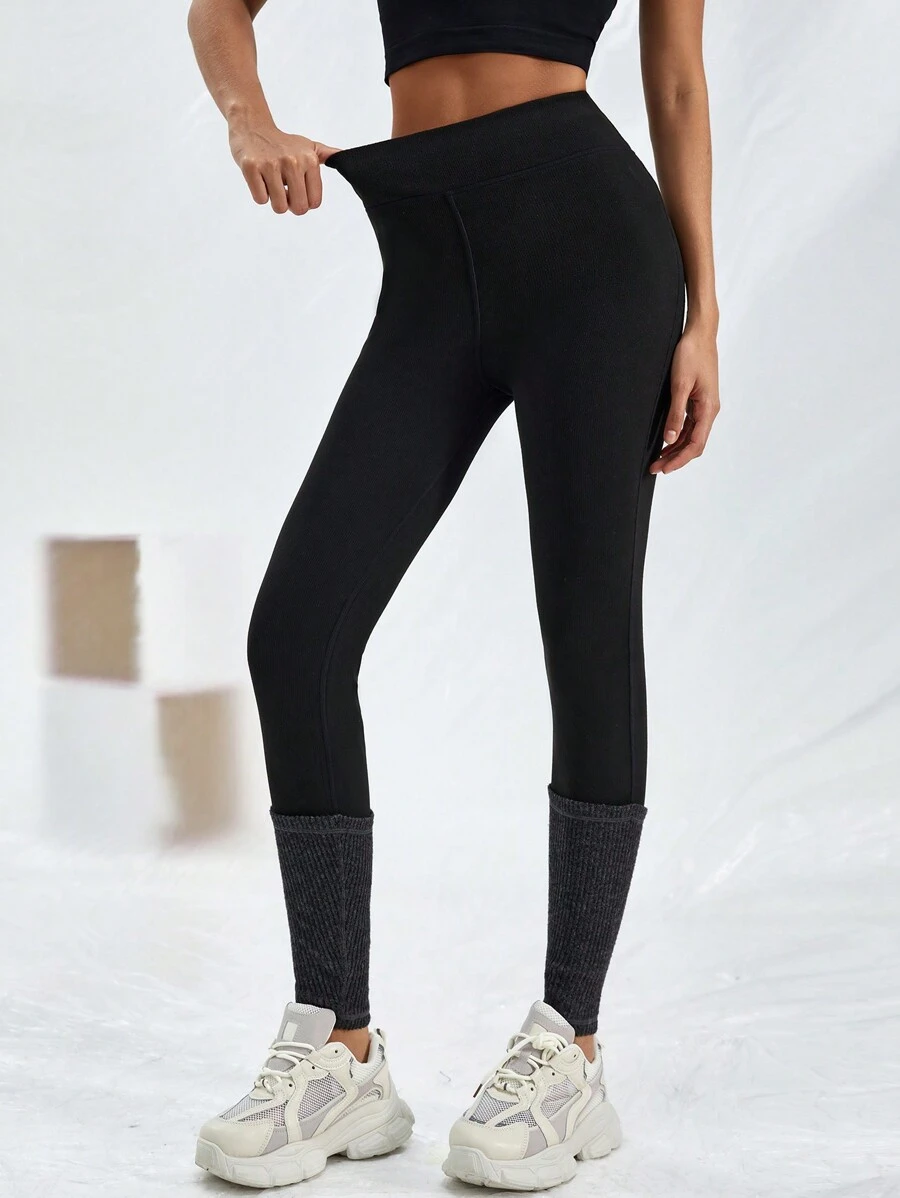 SHEIN EZwear 素色寬腰帶緊身打底褲 - 黑色 - 查看 1