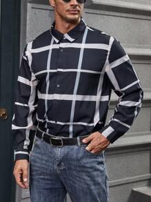 Manfinity Homme 男士大码格紋印花襯衫 - 黑色 - 查看 6