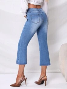 SHEIN Privé Jeans de talle alto pierna amplia capri - Azul lavado medio - Ver 2