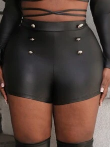 Slaydiva 大碼紐扣細節短褲 - 黑色 - 查看 2
