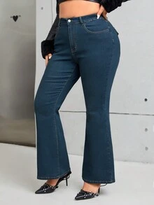 SHEIN Essnce 大碼牛仔喇叭褲 - 深色水洗藍 - 查看 4