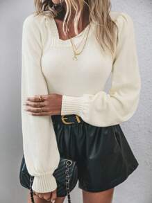 SHEIN Essnce Solid Asymmetrical Neck Lantern Sleeve Sweater - Beige - View 1