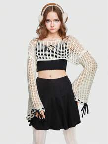 ROMWE Kawaii 夏季钩针镂空落肩短款毛衣，学校