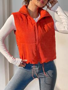 SHEIN Essnce 抽绳下摆拉链背心加厚棉服外套衣服冬季 - 亮橙色 - 查看 5