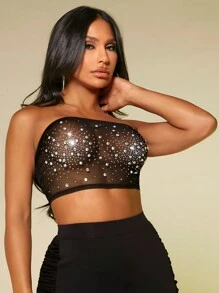 SHEIN SXY sexy outfits club Rhinestone Detail Crop Tube Top - Black - View 4