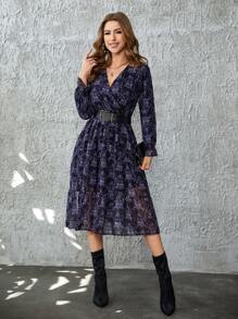 RueChic 滿版印花荷葉袖交叉領洋裝不附腰帶 - 彩色 - 查看 3