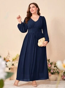 Modelyn 大码灯笼袖系带腰连衣裙 - 藏蓝色 - 查看 1