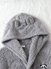 Tween Girl Panda Embroidery 3D Ear Design Hooded Belted Flannel Robe - Grey - View 5