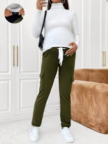 SHEIN Maternidad Pantalones cuello alto con bolsillo lateral con solapa de cintura con cordón - Verde militar - Ver 1