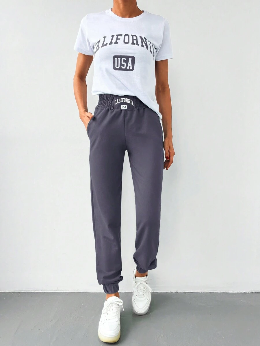 EURMUSE Grafika z napisem Trójnik & Marszczona talia Spodnie Dresowe - Jasnofioletowy - Zobacz 1