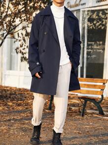 Manfinity Homme 男士大尺碼雙排扣束腰風衣 - 藍色 - 查看 3