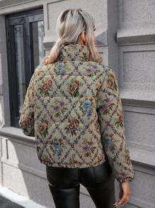 SHEIN LUNE 女士冬季服装花卉印花前拉链短款休闲加厚棉服外套 - 卡其色 - 查看 2