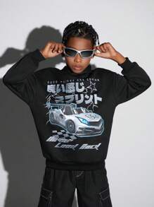 SHEIN 青少年男孩汽车和日文字母图案落肩卫衣 - 黑色 - 查看 4