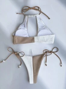 夏季拼色吊带侧系带比基尼套装 - 彩色 - 查看 7