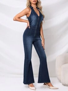 SHEIN Privé 前拉鏈喇叭牛仔連身褲 - 深色水洗藍 - 查看 3