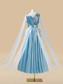 Teen Girl Solid Mesh Panel Flare Hem Party Dress - Blue - View 2