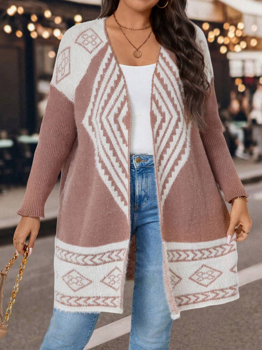 Calvaya Áo khoác cardigan hở vai họa tiết hình học cỡ lớn - Nhiều màu - Xem 1
