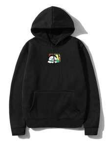 Men Plus Cartoon Graphic Kangaroo Pocket Drawstring Thermal Lined Hoodie - Black - View 1