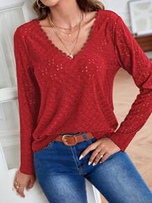 SHEIN Frenchy Contrast Lace V Neck Tee - Red - View 4