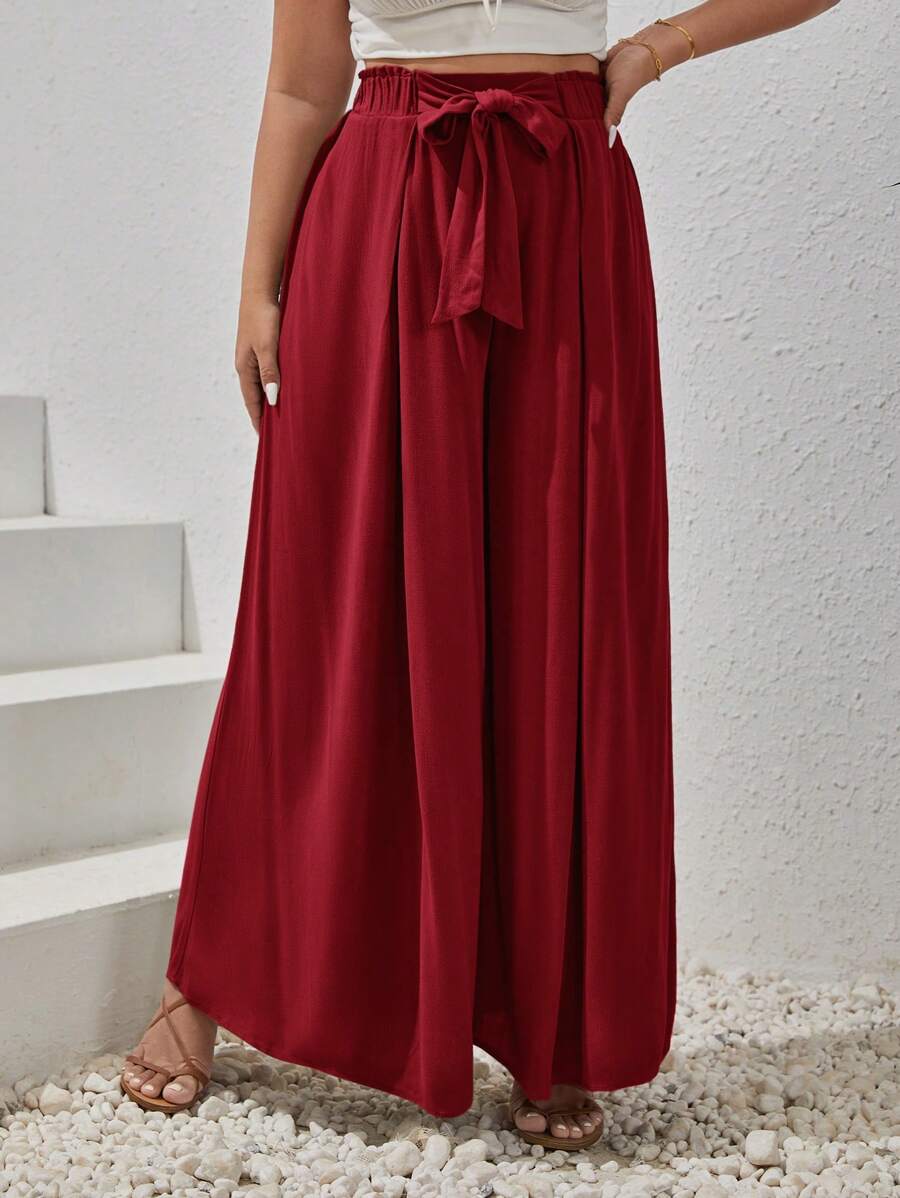 SHEIN VCAY Plus Tie Front Wide Leg Pants - Burgundy - View 1