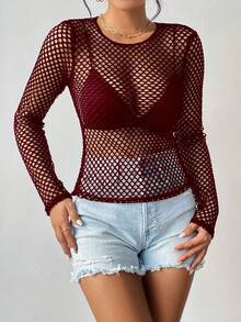Allurite Xu hướng: Cắt giảm Lưới Lưới cá Áo Không có áo ngực - Màu Đỏ Sâu - Xem 3