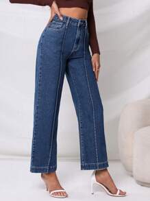 SHEIN Privé High Waist Straight Leg Jeans - Dark Wash - View 5