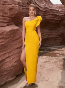 ADYCE Asymmetrical Neck Ruffle Trim Split Thigh Cocktail Party Bandage Dress Wedding Guest Dress Formal Dress Evening Dress, Butter Yellow, Gown, Elegant - Yellow - View 6