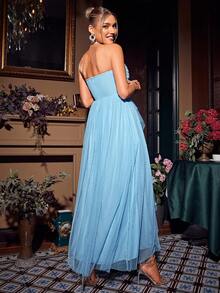 Glamaker Twist Front Ruffle Trim Mesh Overlay Tube Formal Dress - Blue - View 2