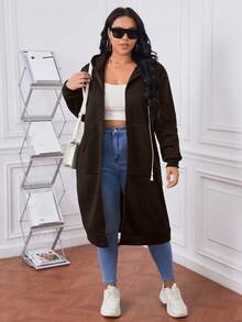 SHEIN Essnce 加大码拉链抽绳卫衣 - 棕色 - 查看 5