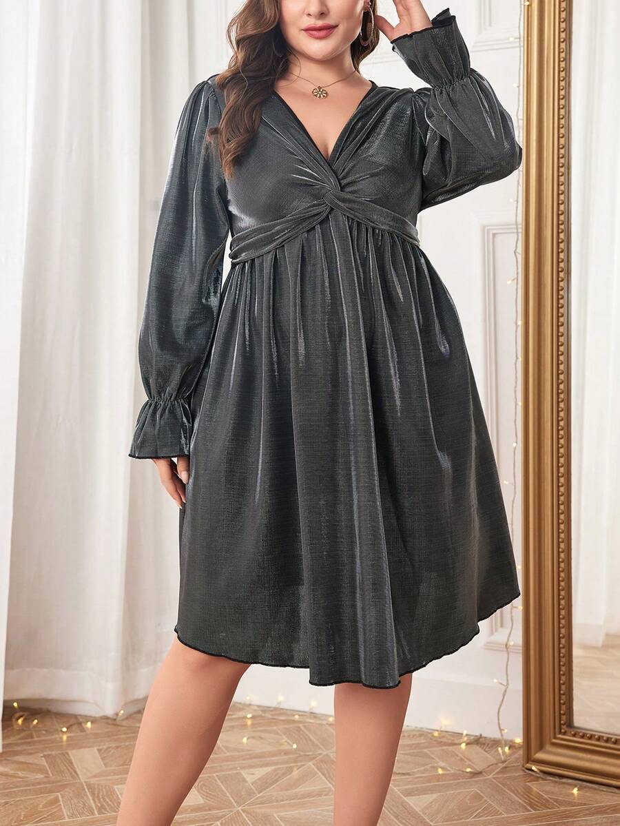 SHEIN LUNE 大碼前扭結荷葉袖洋裝 - 銀色 - 查看 1