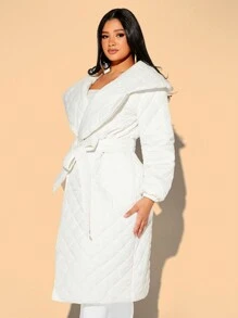 SHEIN SXY 大翻領腰帶絎縫外套 - 白色 - 查看 3