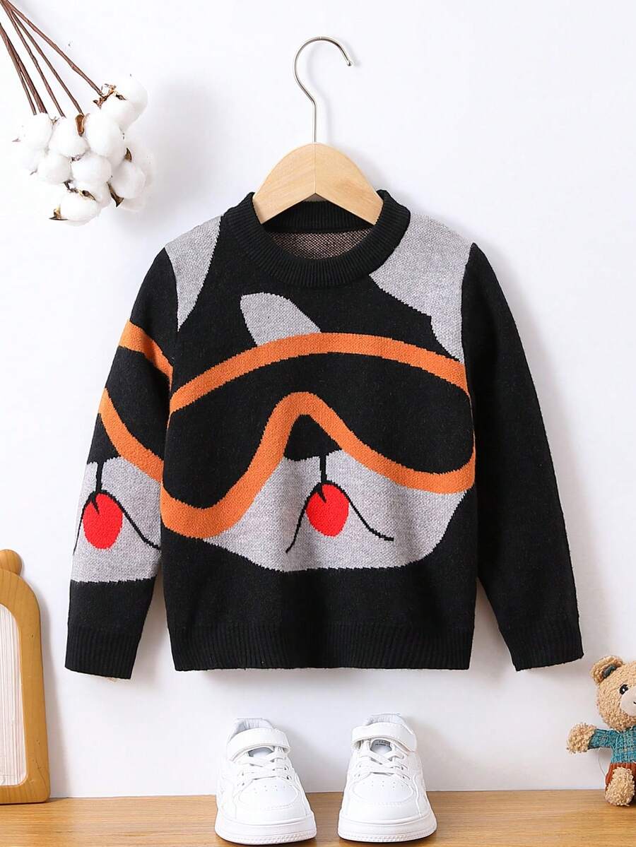 Young Boy Figure Pattern Sweater - Black - View 1