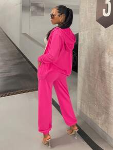 SHEIN X GiudiceGirls Zip Up Drawstring Hooded Sweatshirt - Hot Pink - View 4