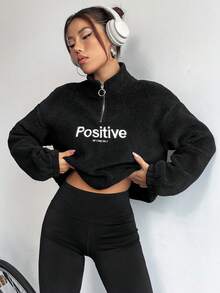 SHEIN Unity Loose Fit Letter Graphic Pullover Sweatshirt With Stand Collar And Half-Zip, Fashionable And Versatile - Black - View 3