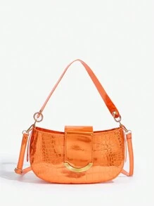 SHEIN SXY Túi xách nữ màu cam ánh kim bóng bẩy có nắp gập, khóa kéo, sức chứa lớn, phong cách tối giản và đa chức năng - màu nâu - Xem 1