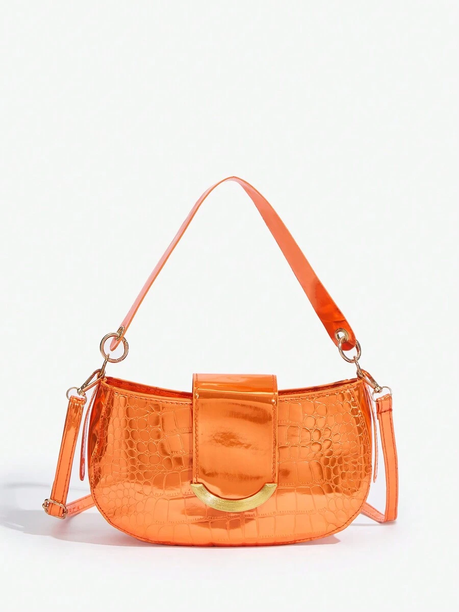 SHEIN SXY Túi xách nữ màu cam ánh kim bóng bẩy có nắp gập, khóa kéo, sức chứa lớn, phong cách tối giản và đa chức năng - màu nâu - Xem 1