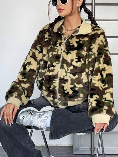 SHEIN EZwear 迷彩圖案落肩袖拉鍊毛絨夾克