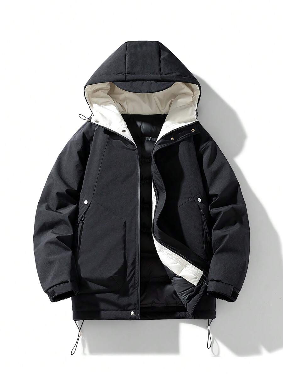 Men Zip Up Drawstring Hem Hooded Padded Coat - Black - View 1